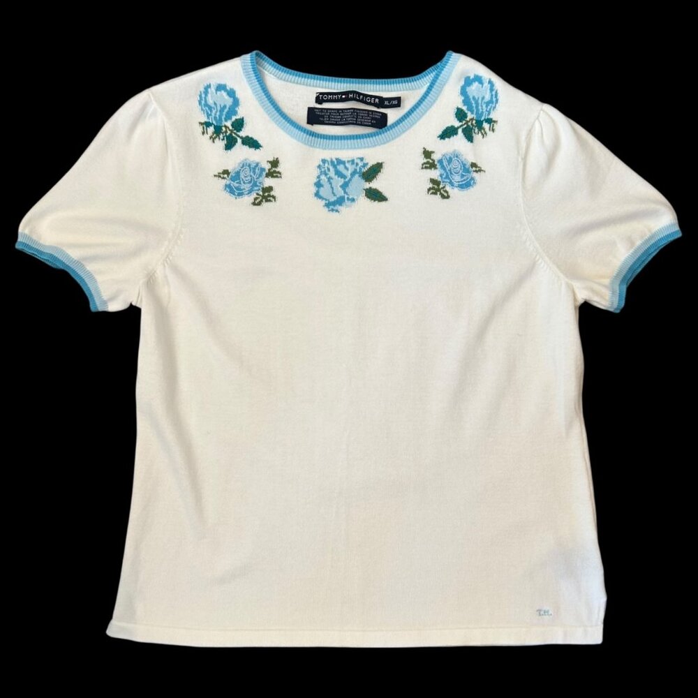 Vintage Tommy Hilfiger Embroidered Blue Roses Sweater Tee XL